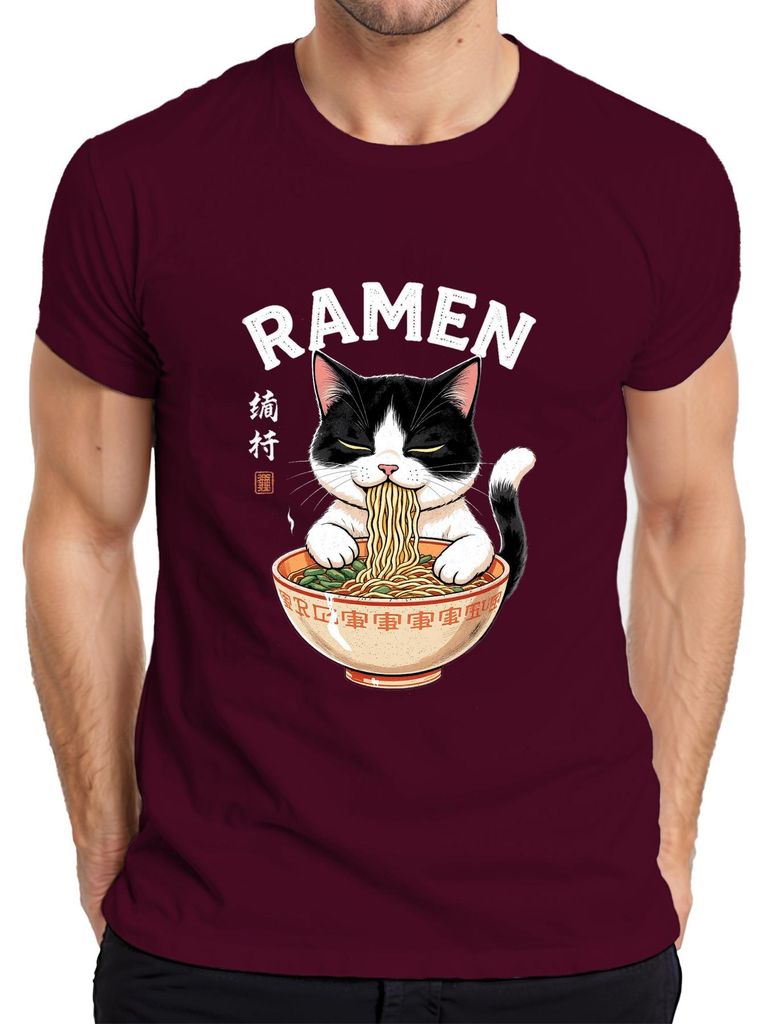 Ramen Katze Nudeln Essen Japanisch Lustig Geschenk Vintage Herren T-Shirt, Burgundy, S