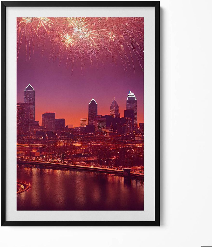 Stadt bei Nacht Feuerwerk in Philadelphia– Wandbild mit Rahmen – Gerahmtes Bild – Wanddekoration – 70x100 cm – Schwarz Rahmen