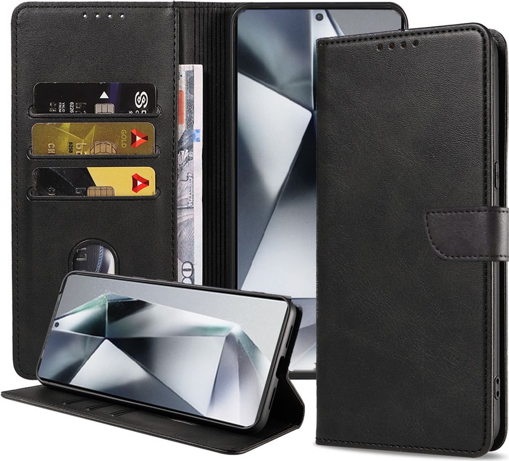 Passend für Samsung Galaxy S24 Ultra Handyhülle Kunstleder mit magnetischer Lippe und Kartenhalter Buchhülle mit Klappe - Schwarz - Smartphonics