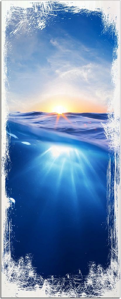 Wallario Kunstdrucke Wandbilder Holz in : Brillante Farben, Größe 50 x 125 cm Motiv Wellen im Meer bei Sonnenuntergang