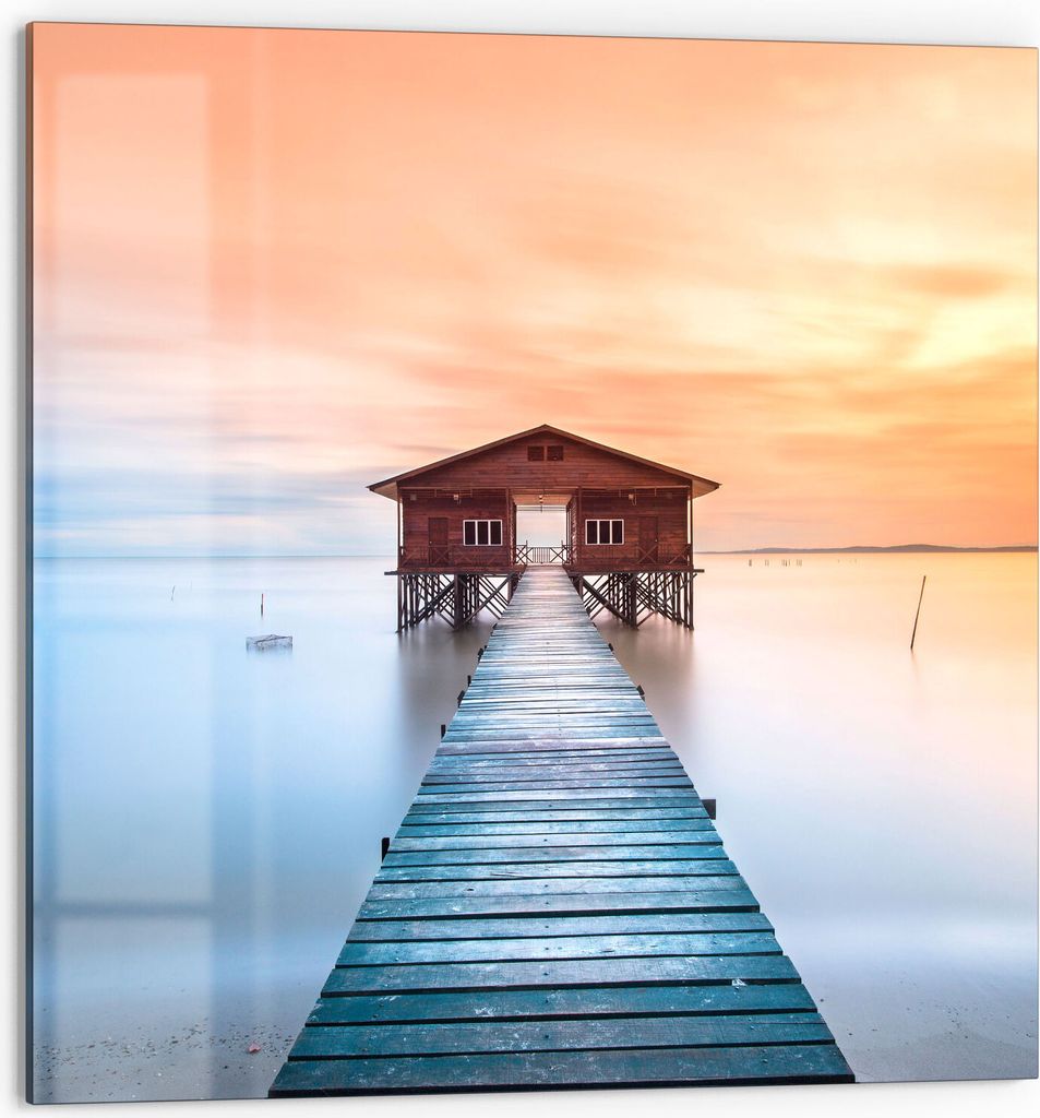 DEQORI Küchenrückwand Glas 60x60 cm 'Holzsteg mit Hütte' Spritzschutz Bad Rückwand