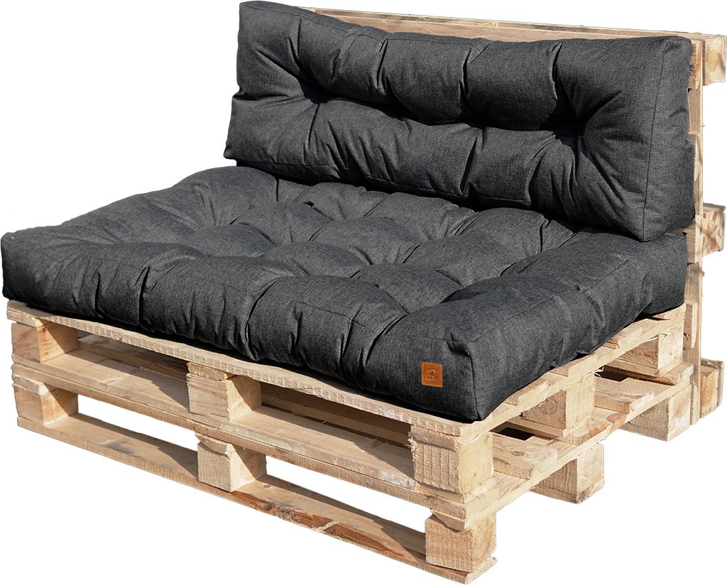 A dark gray pallet sofa cushion set on a wooden pallet.