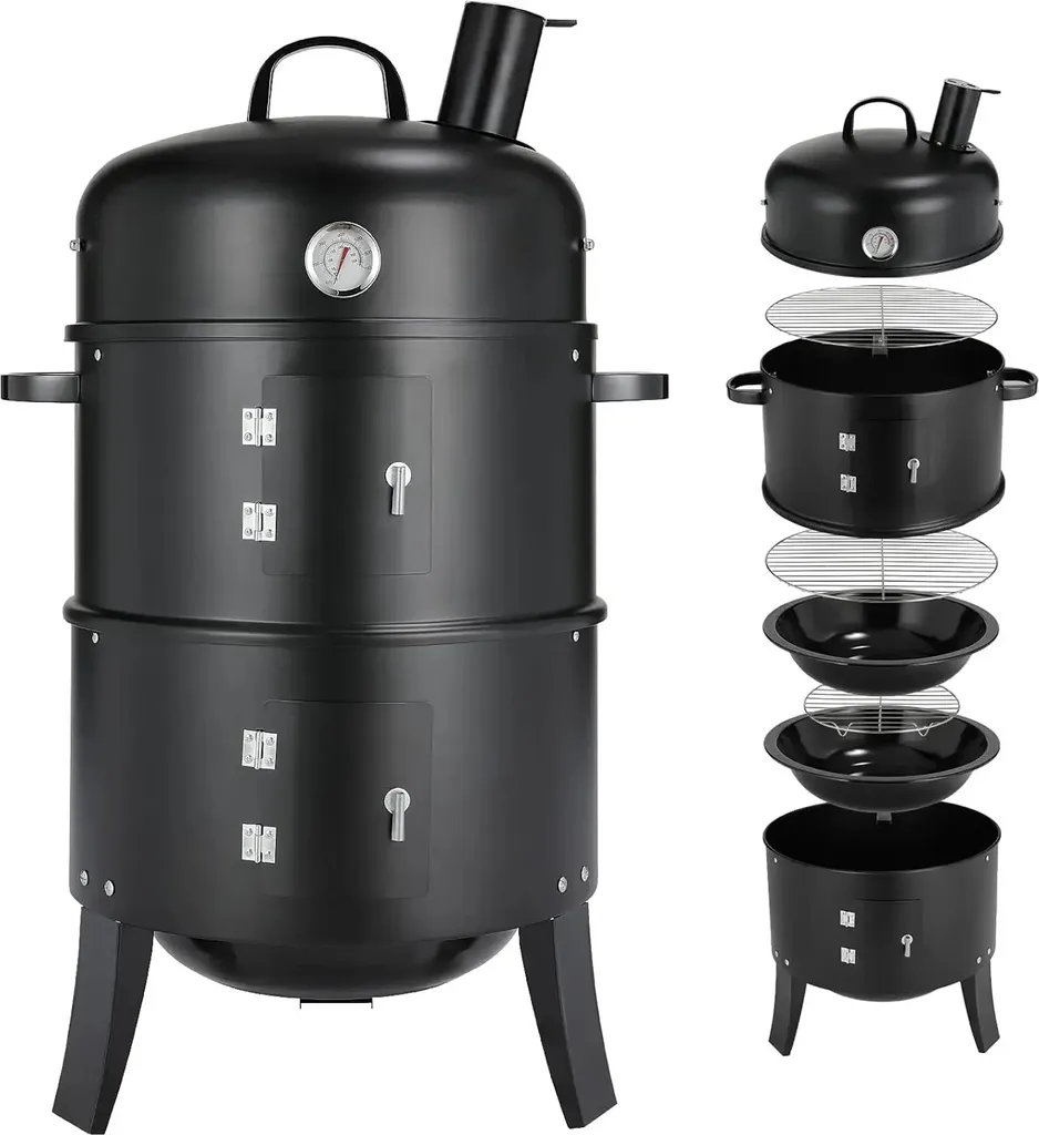 Fumoir 3 en 1 Anti-Dessèchement 80 cm avec Cheminée pour Cuisson Lente