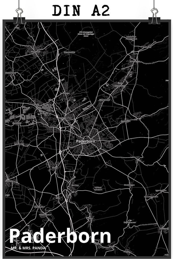 Mr. & Mrs. Panda Bild Paderborn DIN A2 - Geschenk, drucke, Stadt Dorf Karte Landkarte Map Stadtplan, wanddeko, Wandbild, Kunstdruck, Plakat
