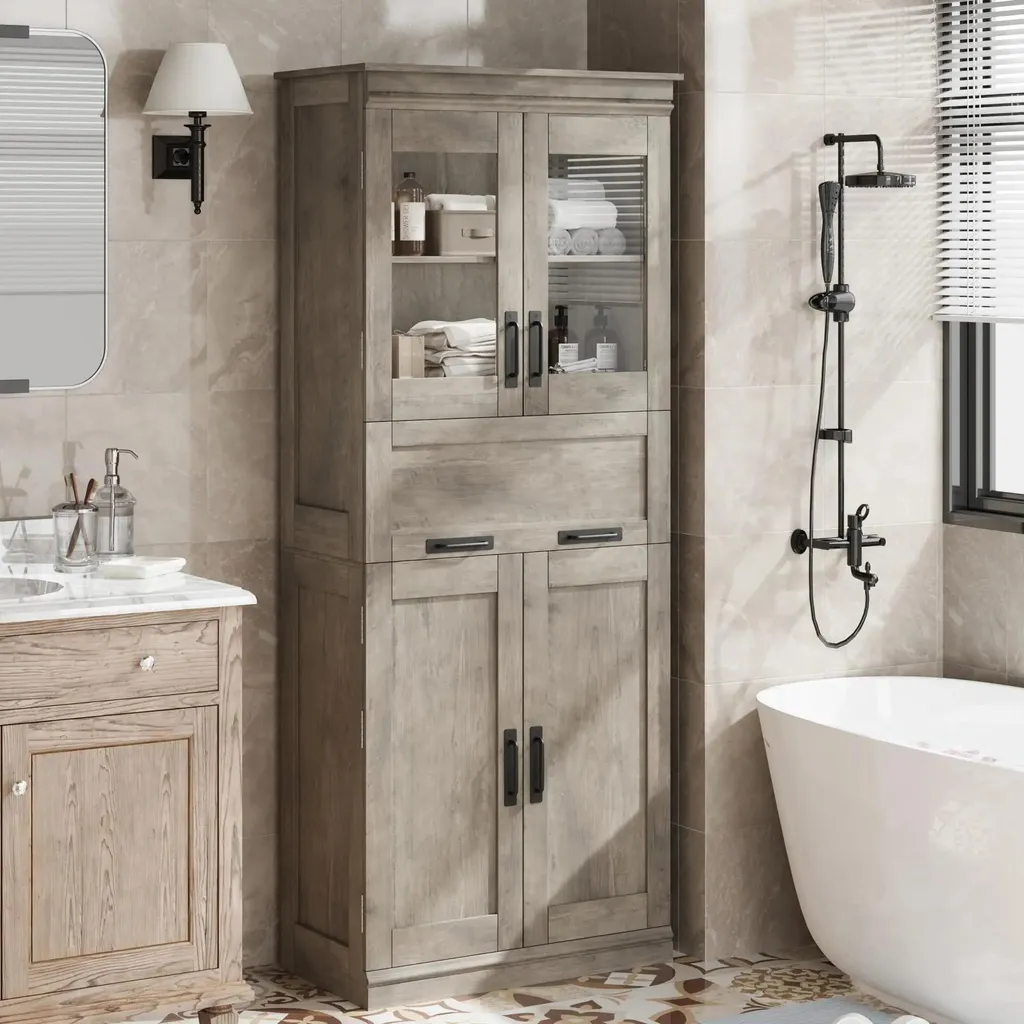 Armoire haute salle de bains 170 cm bois gris : finissez-en avec le bazar