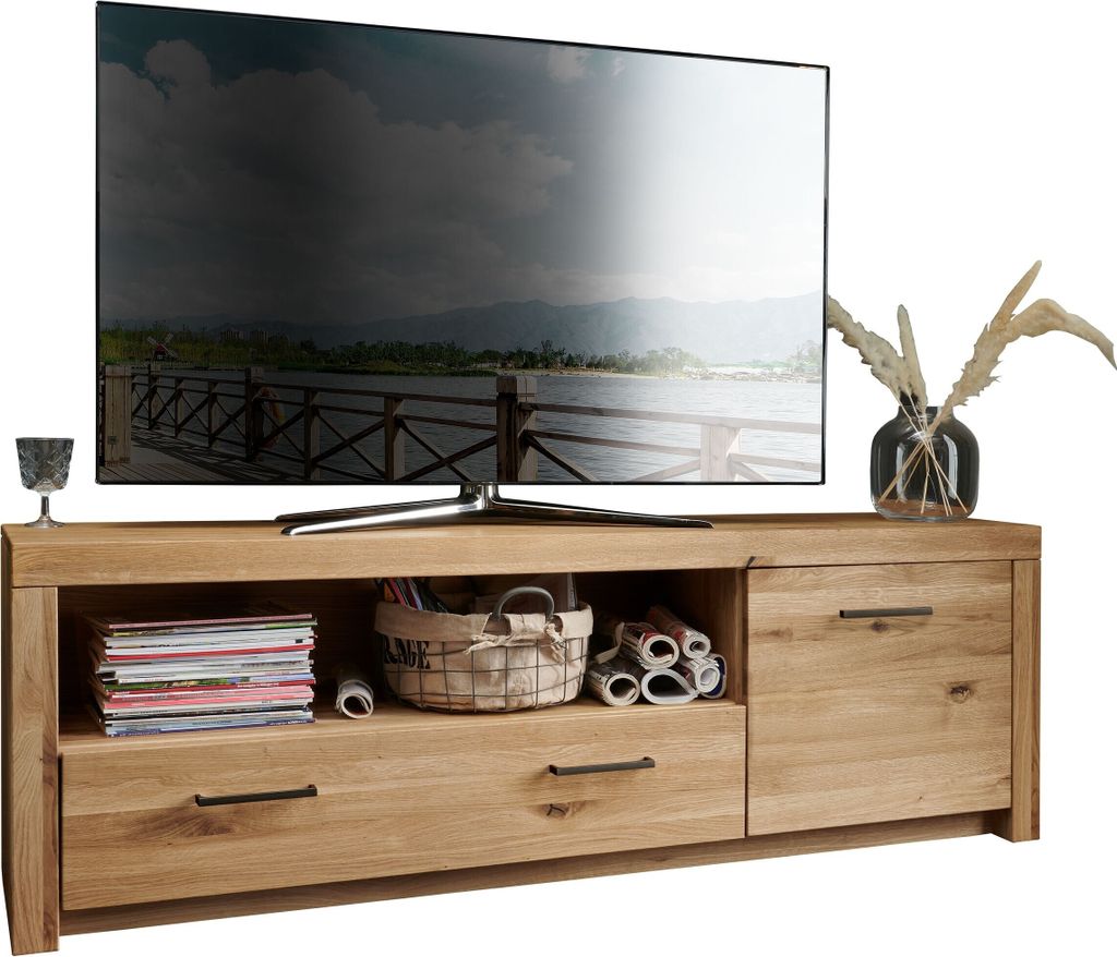 TV-Board "WZ-0169" aus Wildeiche in natur geölt mit einer Tür und einem Einlegeboden. Abmessungen (BxHxT) 170,4x56x40 cm