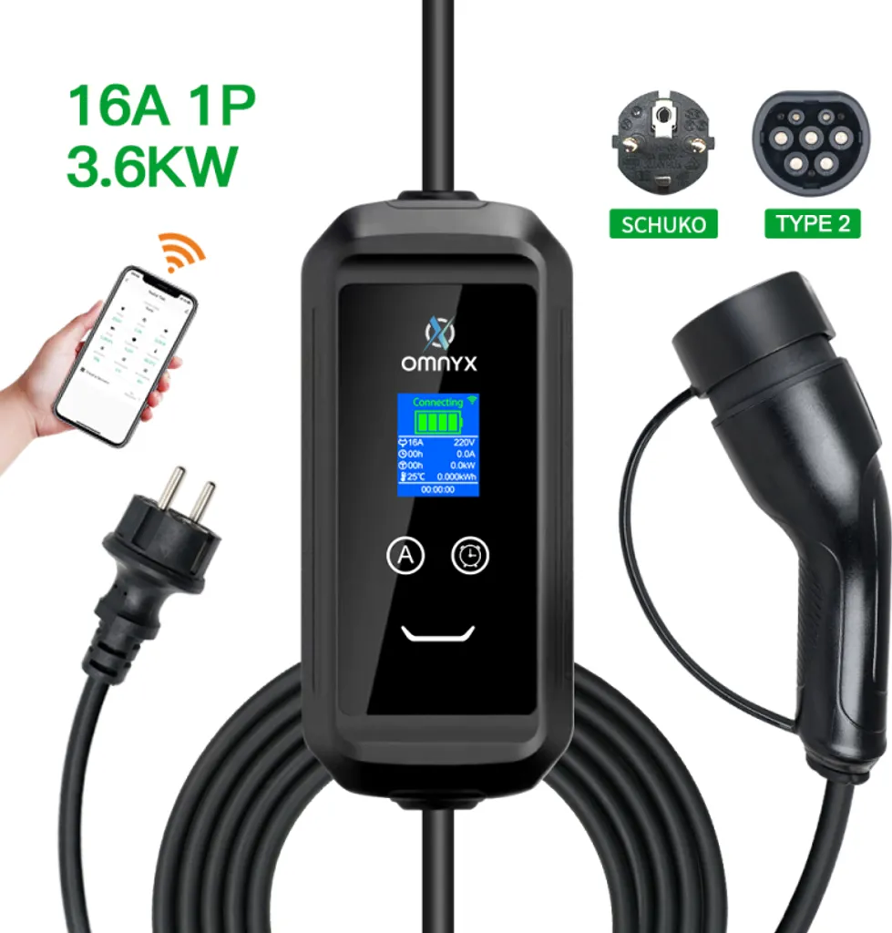 Borne mobile 3,6 kW Type 2 connectée Wi-Fi, câble 5m pour prise secteur