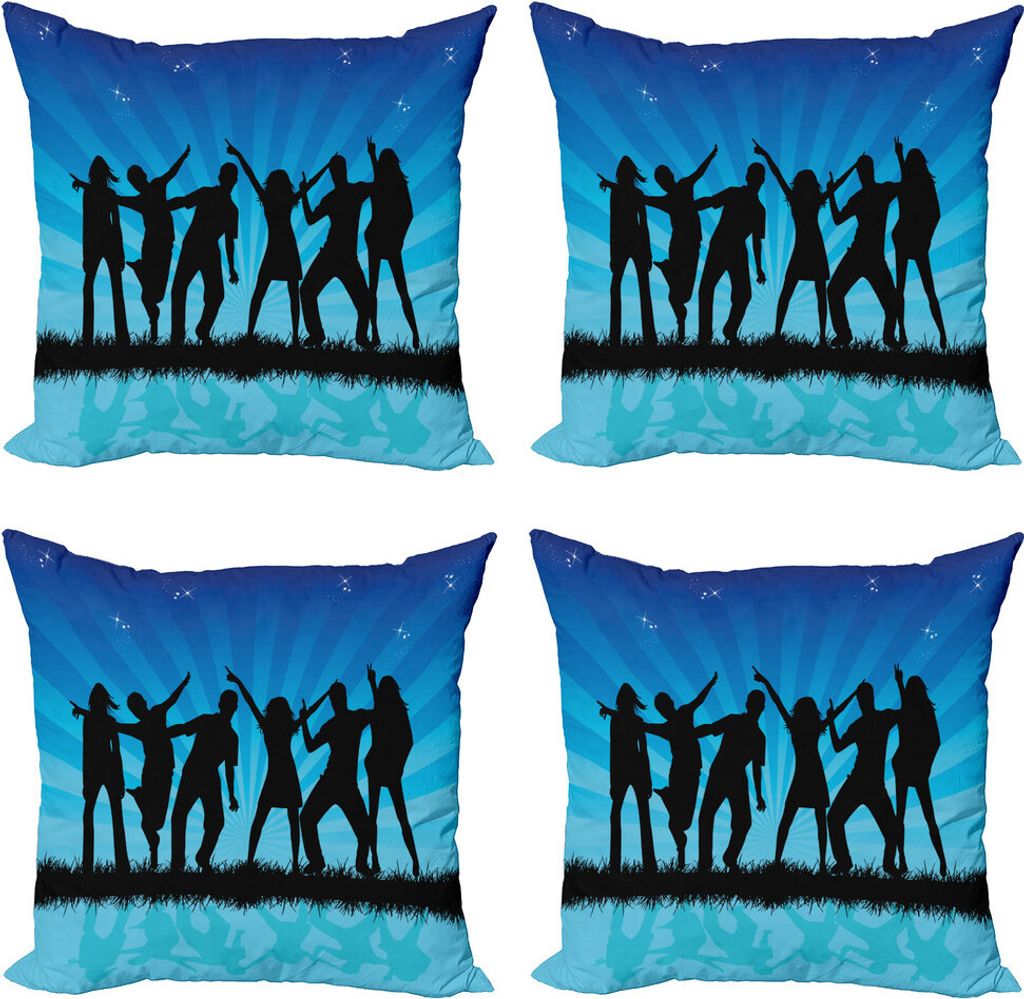 ABAKUHAUS Silhouette Kissenbezug Set (4 Stück), Tanzen Menschenmenge Sunrays, Moderner Doppelseitiger Digitaldruck, 50 cm x 50 cm, Cobalt Blue Aqua
