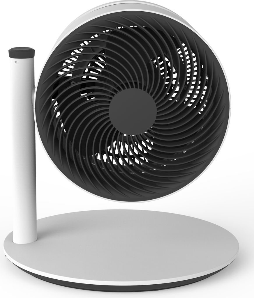 A studio shot of a white and black fan on a light gray circular base.