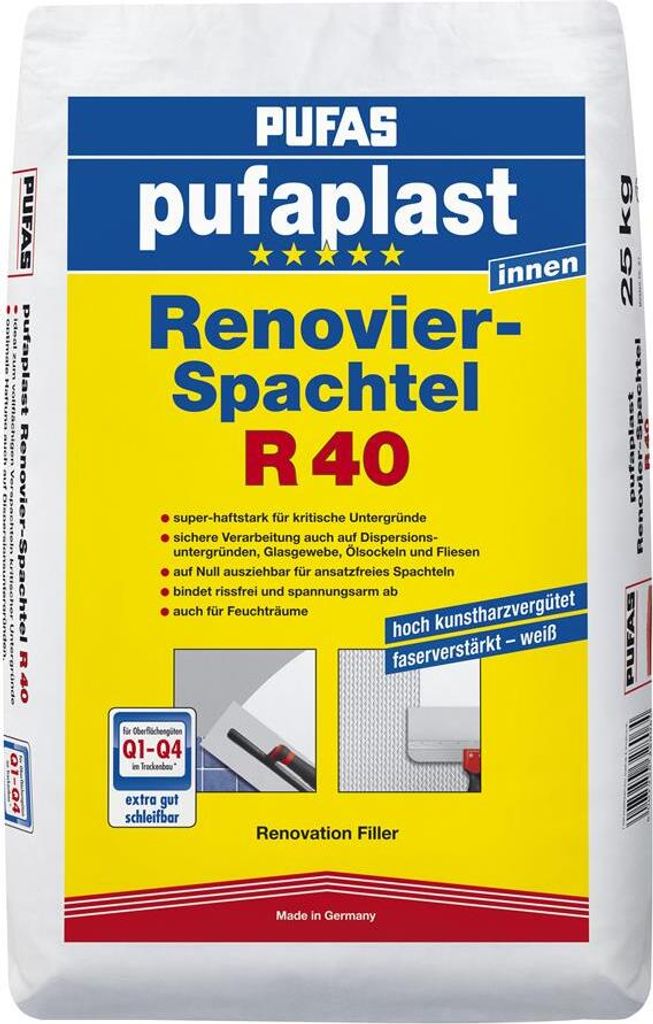 A bag of Pufas Pufaplast R 40 Renovier-Spachtel.