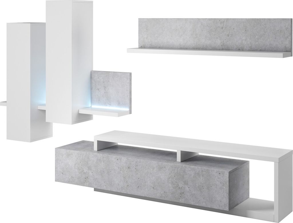 Furniture24 Wohnwand Bota 09 Schrankwand Hängeschrank Lowboard Hängeregal Stilvoll Wohnzimmer-Set Mediawand Beton Colorado/Weiß