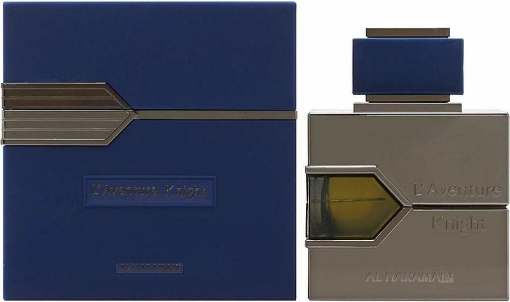 Two perfume bottles, one in a blue box and one a silver bottle, are shown side-by-side against a white background.
