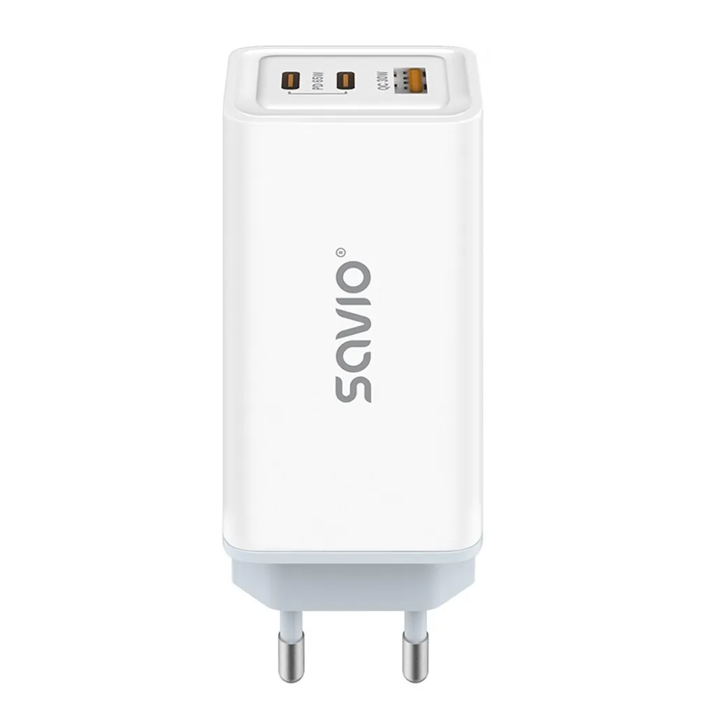 Chargeur rapide 65W GaN SAVIO LA-07 avec Power Delivery 3.0 et QC 4.0 Blanc
