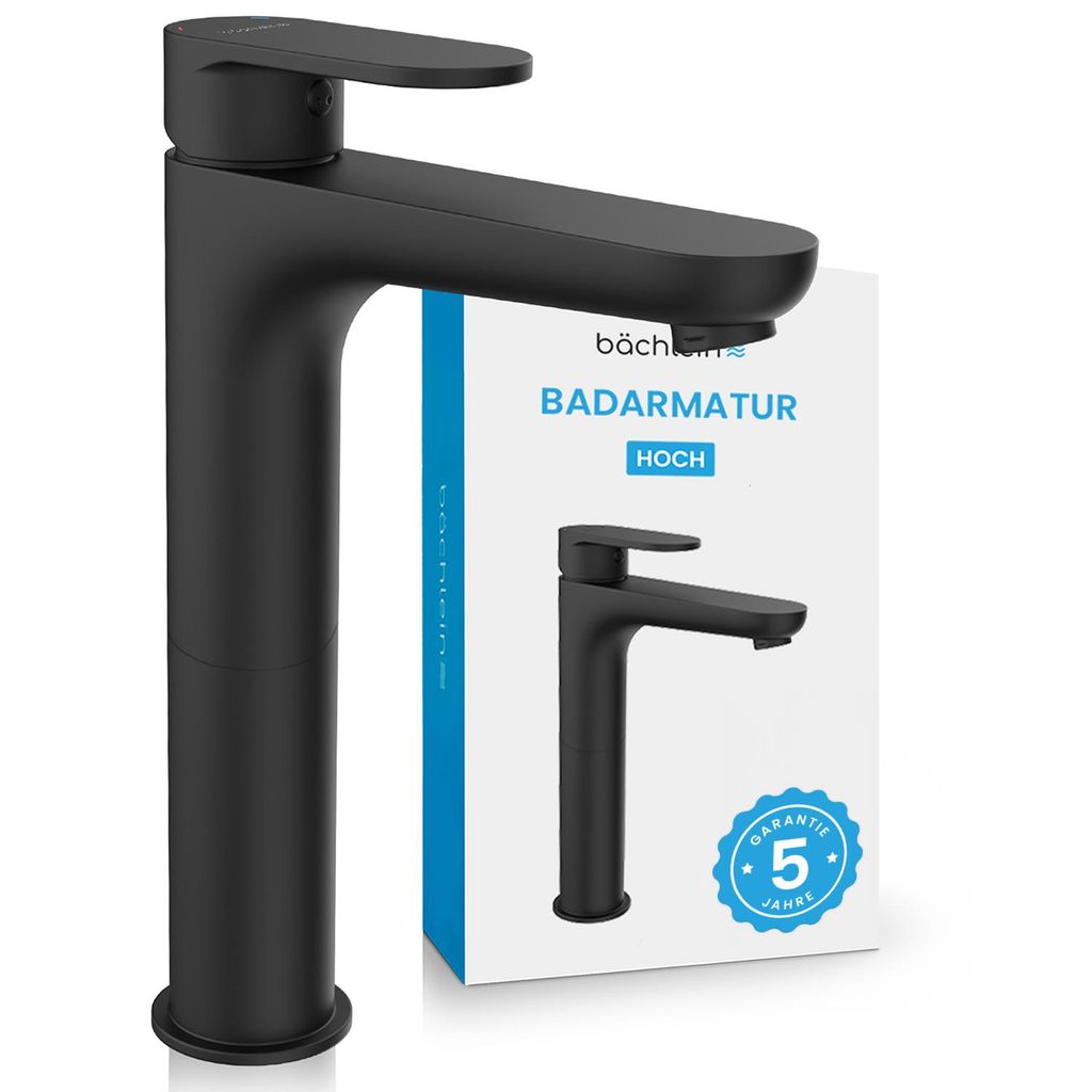 Bächlein Wasserhahn hoch fürs Bad in klassischem Design, extra hoher Einhebelmischer für Aufsatzwaschbecken mit Montage-Set, Badarmatur Schwarz