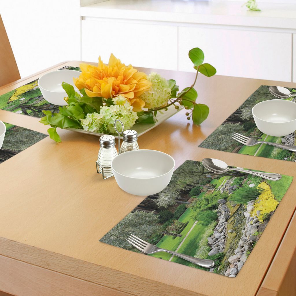 ABAKUHAUS Garten Platzmatten, Japanische Park-Art-entspannende Ansicht mit Teich-Gras-Steinen und Baum-Landschaftsdruck, Tiscjdeco aus Farbfesten S...