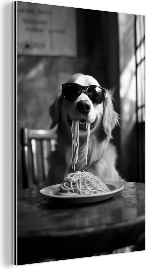 MuchoWow Wanddekoration Metall Metallbild Wandkunst 100x150 cm Golden Retriever - Hund - Fröhlich - Teller Spaghetti - Schwarz - Weiß MuchoWow Al...