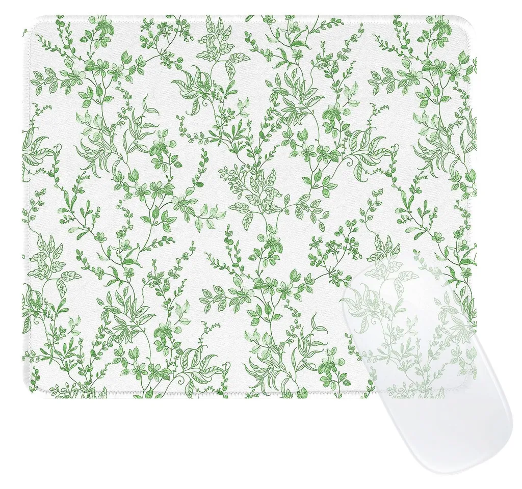 Tapis de souris antidérapant 3mm bords cousus motif floral vert élégant