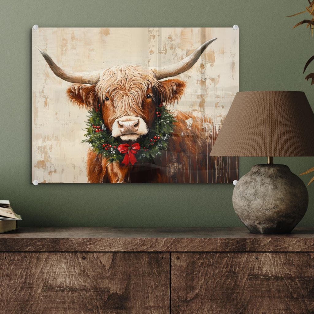 MuchoWow Glasbilder - Bilder auf Wandbild - Foto auf Glas Weihnachten - Schottisches Hochlandrind - Braun - Kranz 40x30 cm Wanddekoration aus Glas ...