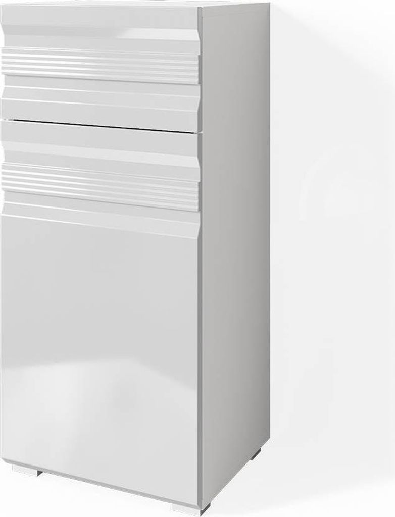 A white high-gloss cabinet with a textured front is shown against a white background.
