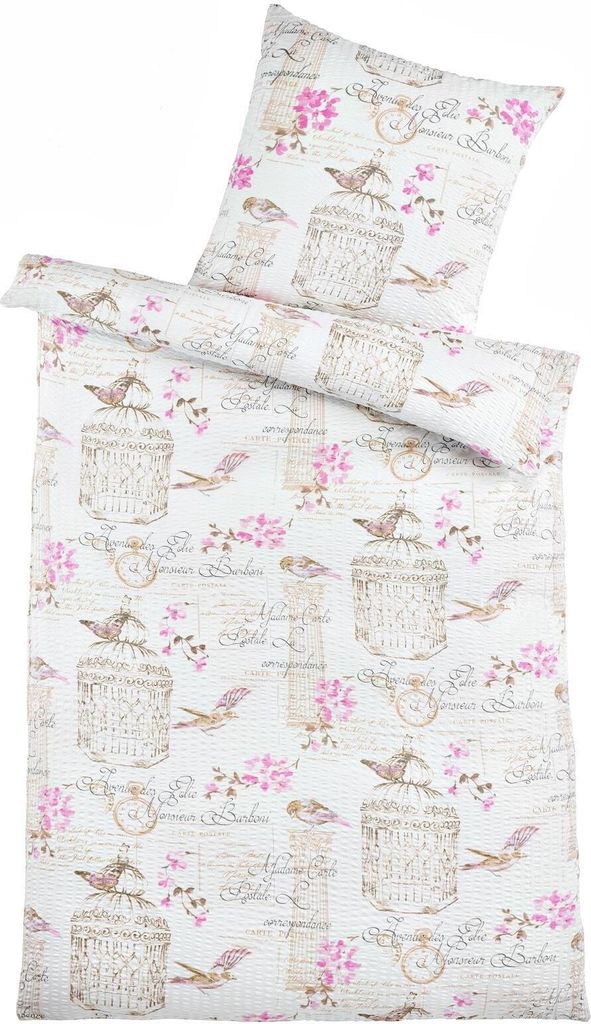 Seersucker Bettwäsche 135x200 Blumen Vögel, Mikofaser Sommer Bettbezug Floral