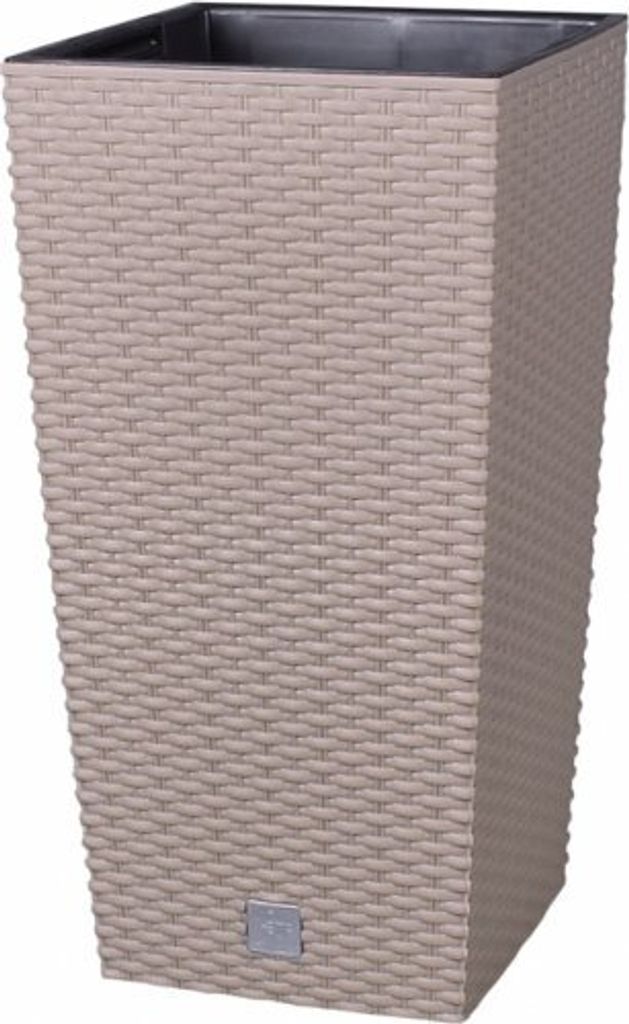 A tall, square planter with a woven rattan texture.