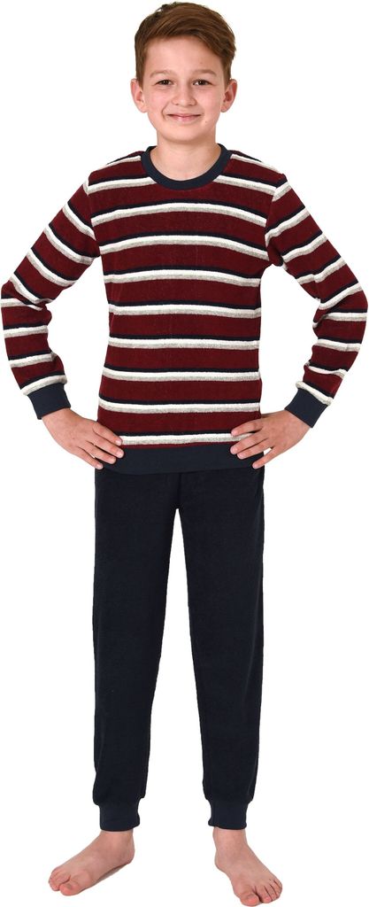 Jungen langarm Frottee Schlafanzug Pyjama mit Bündchen in Streifenoptik ; rot , 164