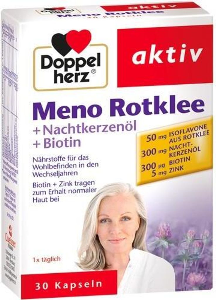A box of Doppelherz Meno Rotklee + Nachtkerzenöl + Biotin capsules, featuring a woman's portrait and product details.