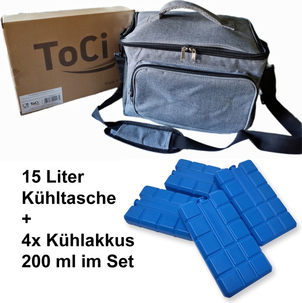 ToCi Kühltasche 15L Grau – Faltbare Picknicktasche für Camping, Strand & Wandern – Thermotasche + 4x 200ml Kühlakkus