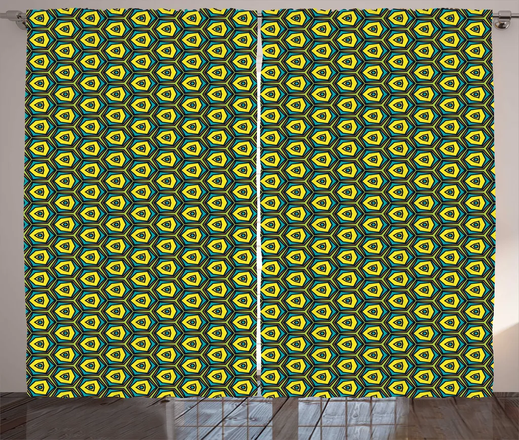 Rideaux imprimés hexagones vintage vert et jaune avec fixations incluses