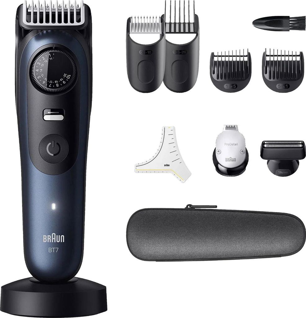 A collection of Braun beard trimmer accessories and the trimmer itself, neatly arranged on a white background.