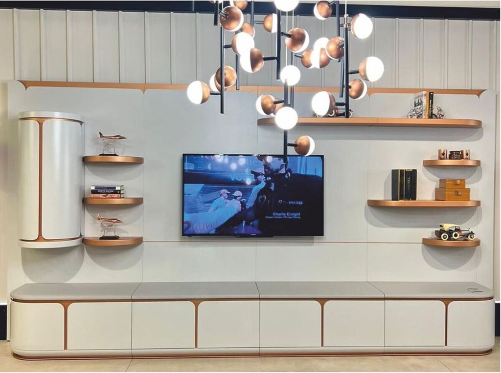 Casa Padrino Luxus TV Schrank Weiß / Grau / Kupfer 430 cm - Wohnzimmer & Hotel Möbel