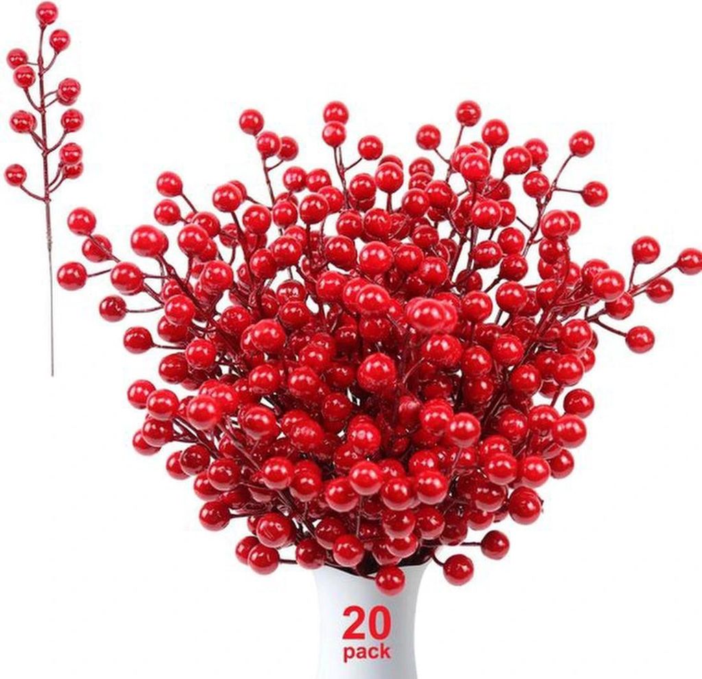 Unyqoos-Set mit 20 dekorativen roten Beerenzweigen für Weihnachtsbaum und kreative Bastelarbeiten
