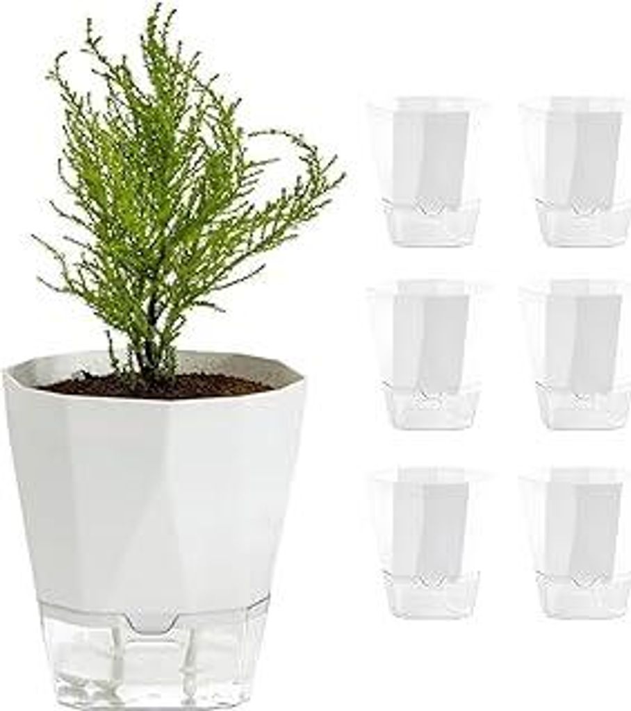 6 Stück Selbstbewässerungstopf Satz, Blumentopf Selbstbewässernd mit 6 Gartenetiketten, Weiß Selbstbewässerungstopf Klein, Pflanzentopf mit Be...