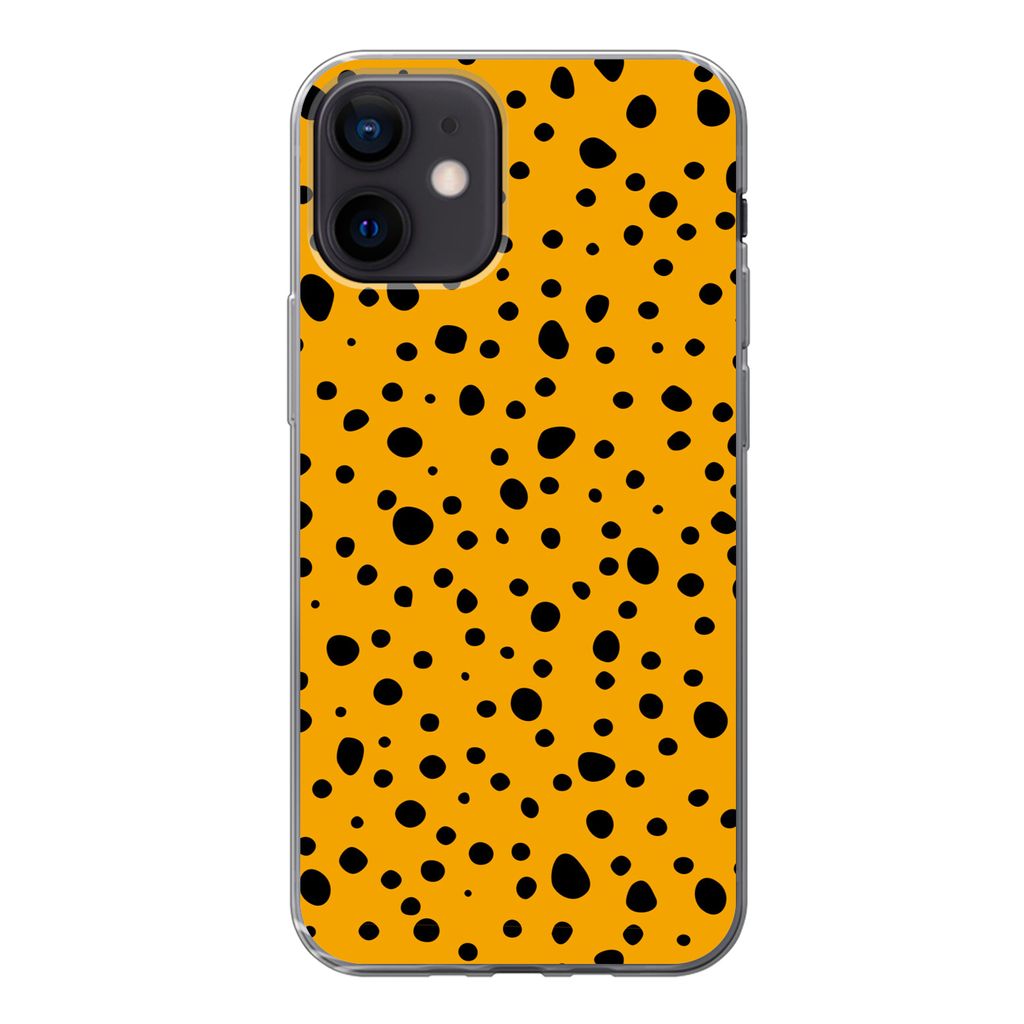 MuchoWow Handyhülle Schutzhülle Hülle für iPhone 12 Polka dots - Orange - Schwarz Silikon Softcase Handy Hülle - Schutzhülle