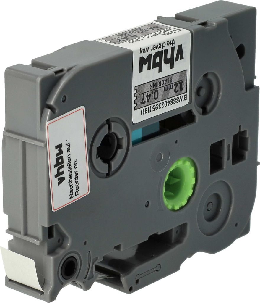 vhbw Schriftband-Kassette kompatibel mit Brother PT D600, D600VP, E100B, E100, E100VP Etiketten-Drucker 4m x 12mm Schwarz auf Transparent, Laminiert