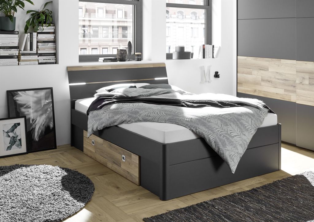 Bett Einzelbett Jugendbett Bettrahmen Doppelbett Bettgestell Holzbett "Isobel I" Graphit/Montana Oak