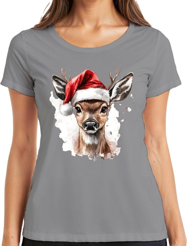 Rehkitz Santa Hut Weihnachten Aquarell festlich Geschenk Retro Damen T-Shirt, Grau, XL