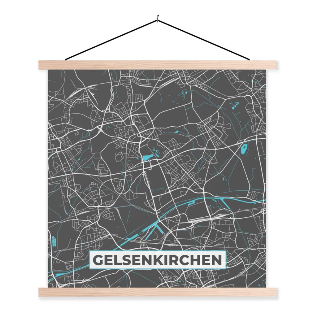 MuchoWow Textilposter Stadtplan - Gelsenkirchen - Deutschland - Karte 120x120 cm mit holzfarbenen Rahmen - Textil-Poster
