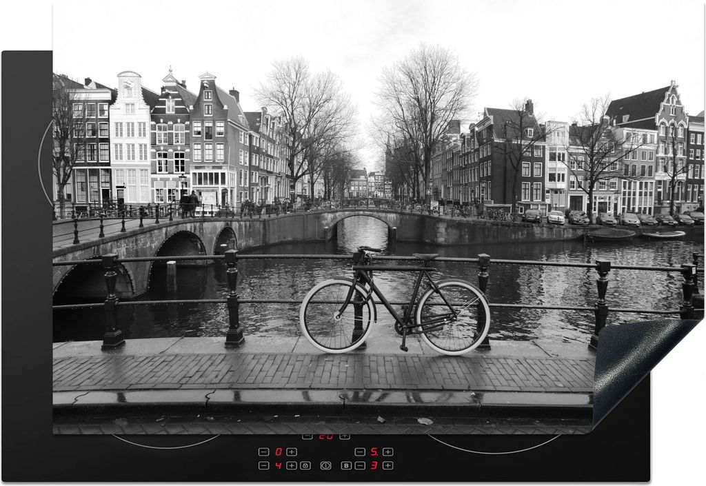 KitchenYeah Herdabdeckplatte Amsterdamer Grachten - Schwarz und weiß , 78x52cm, Küche Deko, Glaskeramikkochfeld Herdabdeckung, Abdeckplatte fù...