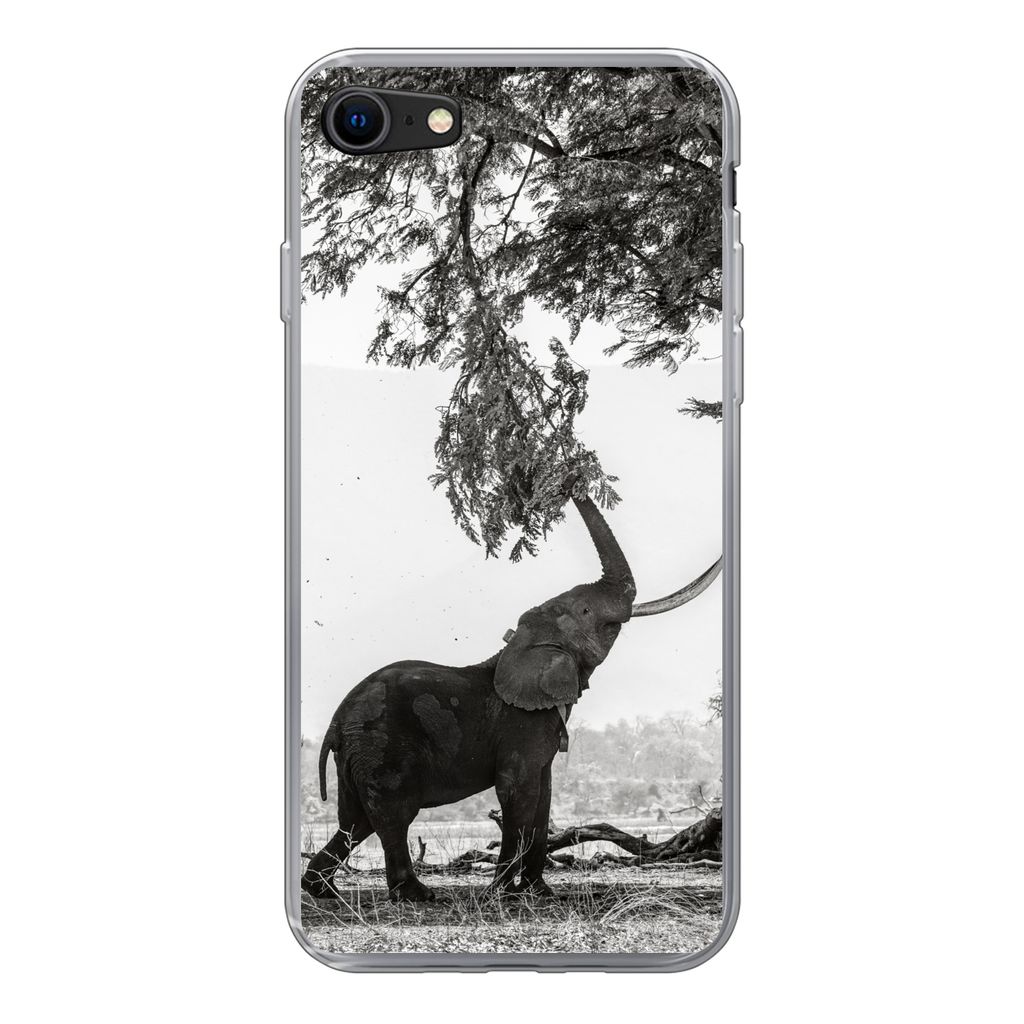 MuchoWow Handyhülle Schutzhülle Hülle für iPhone 7 Elefant - Baum - Tiere - Schwarz und weiß Silikon Softcase Handy Hülle - Kartenhalter