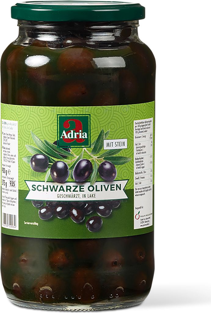 Adria Schwarze Oliven mit Stein geschwärzt in Salzlake Produktbild 
