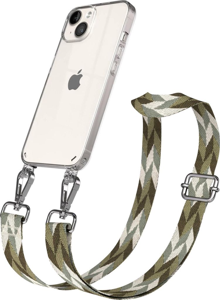 EAZY CASE Handykette - Verstellbarer Trageriemen kompatibel mit Apple iPhone 14, Handykordel mit transparenter Silikon-Hülle, Karabiner Silber, Mi...