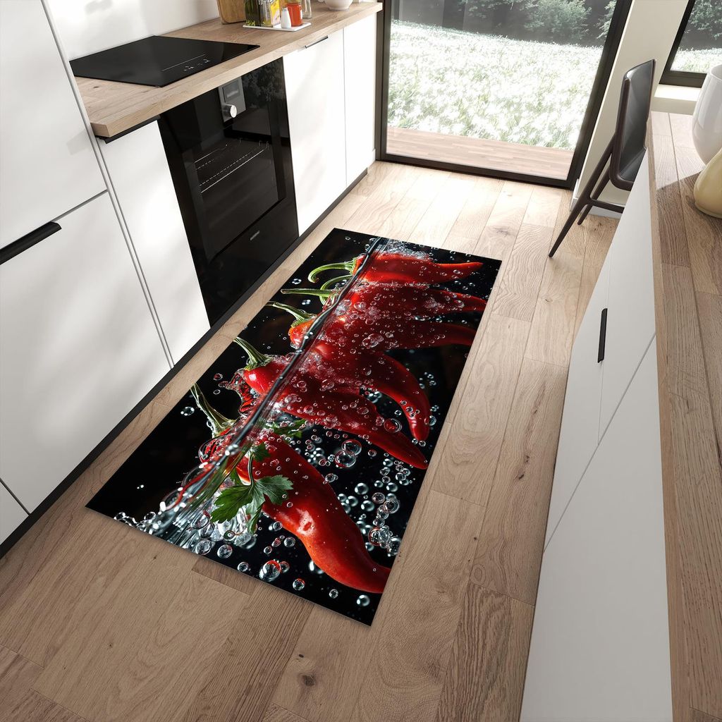 Küchenteppich 90x180cm rutschfest & abwischbar PVC Läufer - Paprika im Wasser