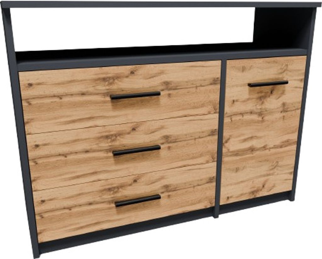 MATKAM Kommode Bodo 1D3SO, H75 x B98 x T35 cm, mit 3 Schubladen, einem Ablagefach und einem Türschrank (Anthrazit Grau-Wotan Eiche)