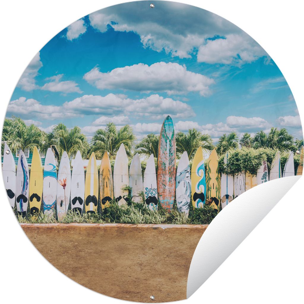 MuchoWow Gartenposter Outdoor-Poster Rund Surfbretter in einer Reihe Ø 60 cm Gartendeko Rundes Poster draußen