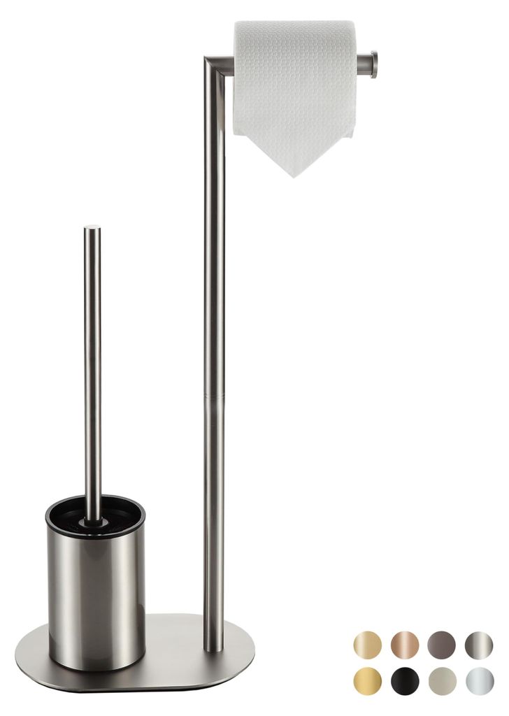 Toiletten-Set, gebürstetes Nickel, Edelstahl, mit Toilettenpapierhalter, Toilettenbürste und freistehendem Toilettenpapierhalter.