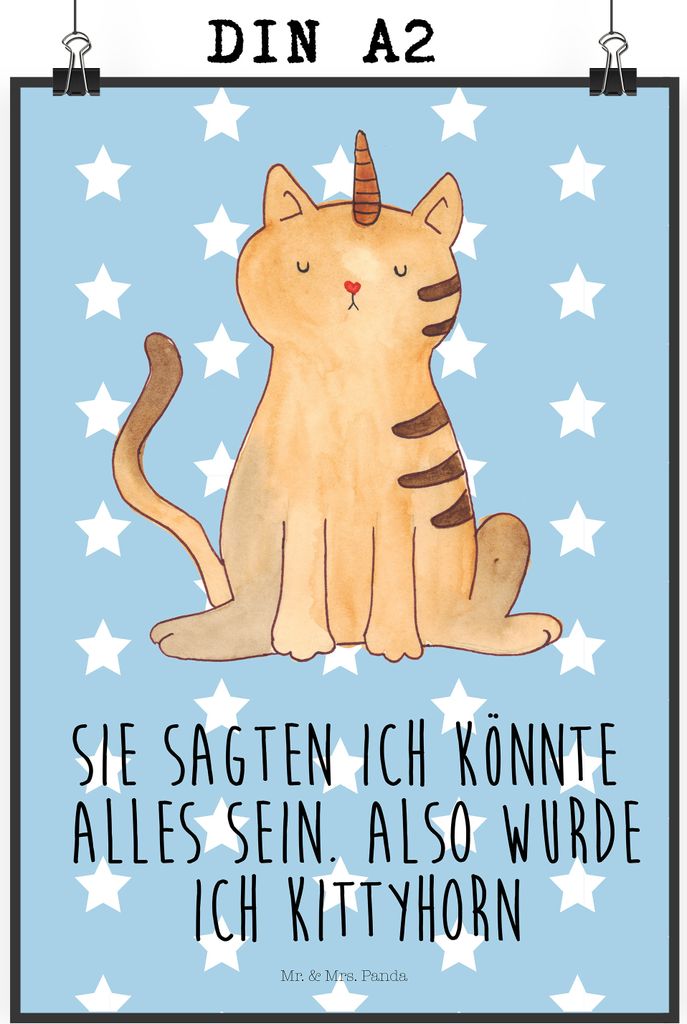 Mr. & Mrs. Panda Bild Einhorn Katze DIN A2 - Blau Pastell - Geschenk, Unicorn, wanddeko, Mieze, Plakat, Glitzer, Regenbogen, drucke, Kunstdruck, Wa...