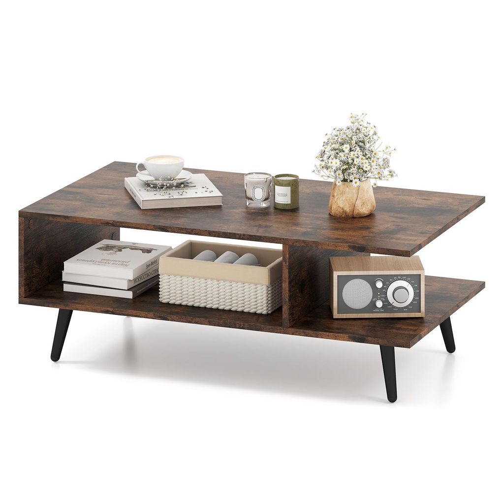 COSTWAY Couchtisch mit Stauraum, 2 Wohnzimmertisch mit offenem Regal & Metallbeinen, Beistelltisch aus Holz, Sofatisch Kaffeetisch 80x45x30 cm Braun