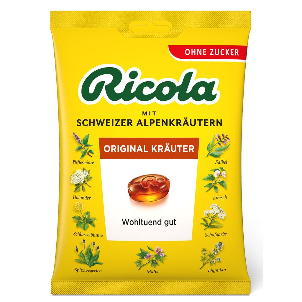 A yellow bag of Ricola Original Kräuter sugar-free herbal candies.