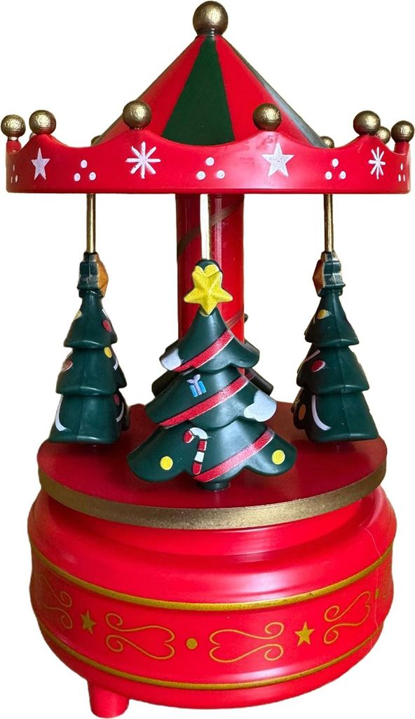 Karussell-Spieluhr, drehbar, pferdeförmige Spieluhr mit 4 Weihnachtsbäumen, musikalischem Karussell, spielt „Frohe Weihnachten“ als Weihnacht...